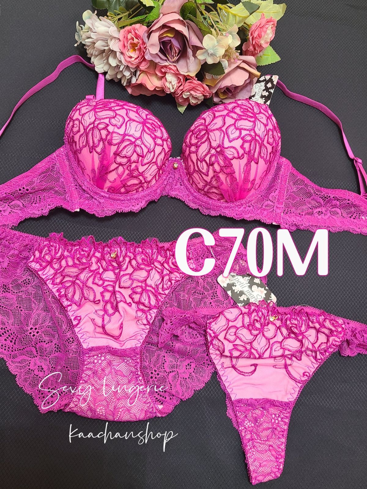 C70M濃いピンクお花３点セットブラジャー&ショーツ&Tバック - メルカリ