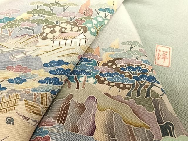 平和屋着物●訪問着　友禅　作家物　風景梅松文　暈し染め　正絹　逸品　AABB0045zg 平和屋着物○訪問着 友禅 作家物 風景梅松文 暈し染め 正絹