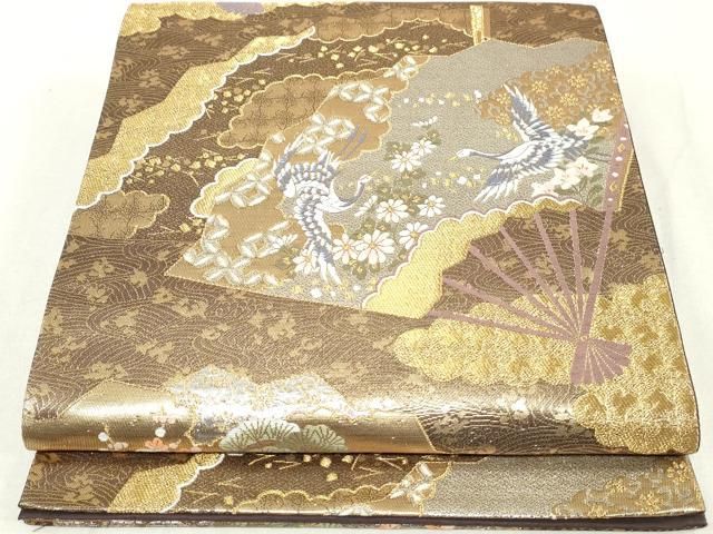 美品 光琳花扇 正絹 着物 両面“風を友とする桜と花扇、カルタ”袋帯 O-73 平和屋着物◎六通柄袋帯 唐織 扇面花文 金糸 正絹 逸品