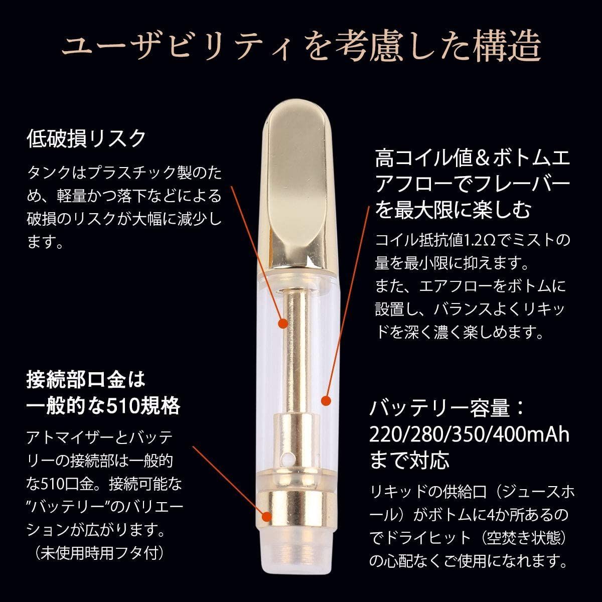 10本 1.0ml 金 アトマイザー 510規格 交換カートリッジ CBDリキッド