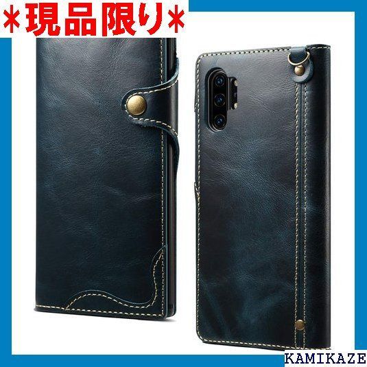 大人気_Z051 Galaxy Note10 Plus ケース SC-01M SCV45 対応 手帳型 高級本革カバー マグネット式スナップ カード入れ ストラップ付き 耐衝撃 ソフトTPUケース 牛革 スマホカバー ネイビー 582