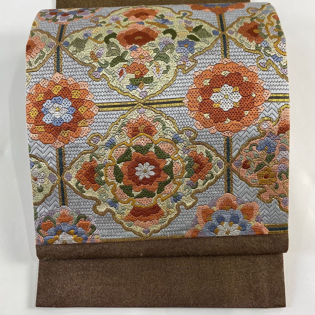 袋帯 美品 逸品 引箔本金紹巴 菱重ね鏡文 金糸 金色 お太鼓柄 正絹 袋帯 美品 逸品 華文 花唐草 金糸 箔 金色 お太鼓柄 正絹 【中古