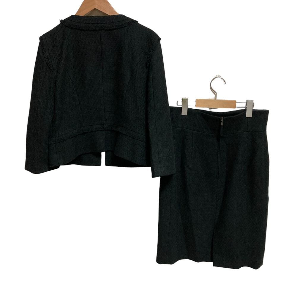 FOXEY フォクシー つけ襟付き ツイード ノーカラージャケット ひざ丈 スカート スーツ セットアップ サイズ42 ブラック レディース 古着