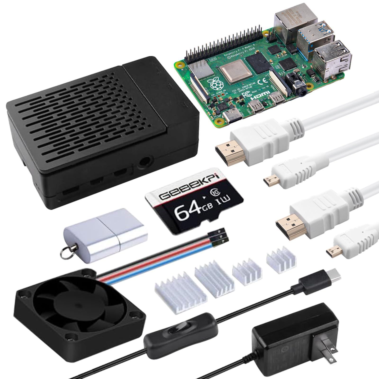 GeeekPi Raspberry Pi 4 4GB スターターキット - 64GBエディション Raspberry Pi 4ケース ファン付き Raspberry Pi 電源 ON|OFFスイッチ付き HDMIケーブル Raspberry Pi 4B 4G