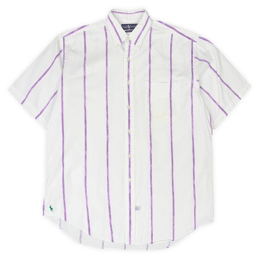 ポロラルフローレン POLO RALPH LAUREN 90s 90年代 ストライプ柄 ボタンダウンシャツ BD 半袖 裾ポニー BIG SHIRT USA ヴィンテージ 古着 メンズ シャツ ホワイト パープル L