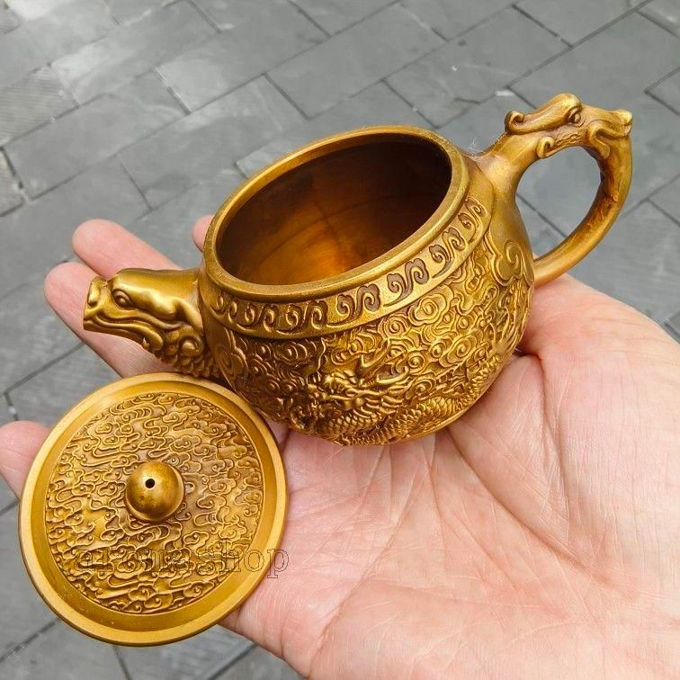 お歳暮 人気 銅器 浮彫り双竜酒壺 茶壺 茶道工芸品 装飾品 置物 - メルカリ 工芸品