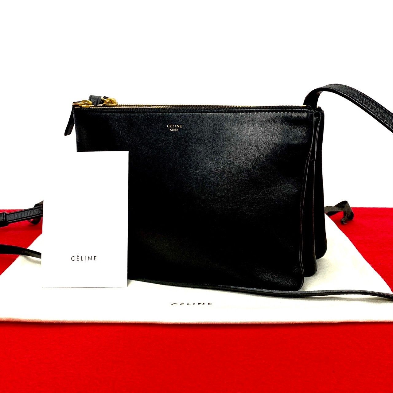 ほぼ未使用 保存袋 商品タグ付き CELINE セリーヌ トリオ レザー ミニ 