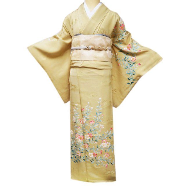 訪問着 着物 中古 正絹 袷 フォーマル 作家物 落款 花の図 地模様 波 