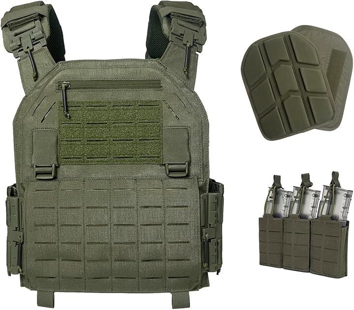 ULIONTAC タクティカルベスト サバゲー用 3連 マガジンポーチ付き 軽量 プレートキャリア レーザー切断 サバイバルベスト MOLLE モール 戦術 クイックリリース バックル サイズ調整可 1000Dナイロン レンジャーグリーン