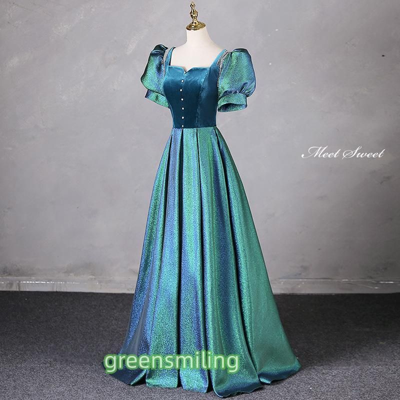 カラードレス Aラインドレス ロングドレス グリーン パフスリーブ 光沢