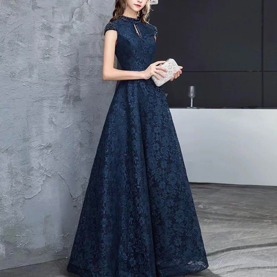 繊細な花柄レースにビジューが美しい 半袖 イブニングドレス - メルカリ