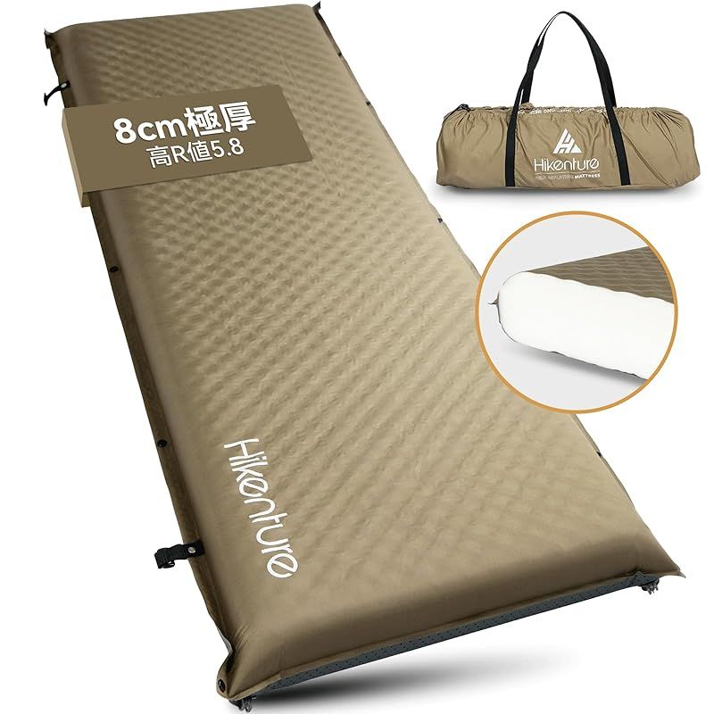 Hikentureインフレーターマット 特許取得特大バルブ2個搭載・自動膨張速い 6.2高R値 厚 撤収容易 無限連結 車中泊 マット 取扱説明書・収納袋付 エアーマット 10CM 8CM 5CM 自動膨張 キャンプマット 折り畳み インフレータブルマッ 1