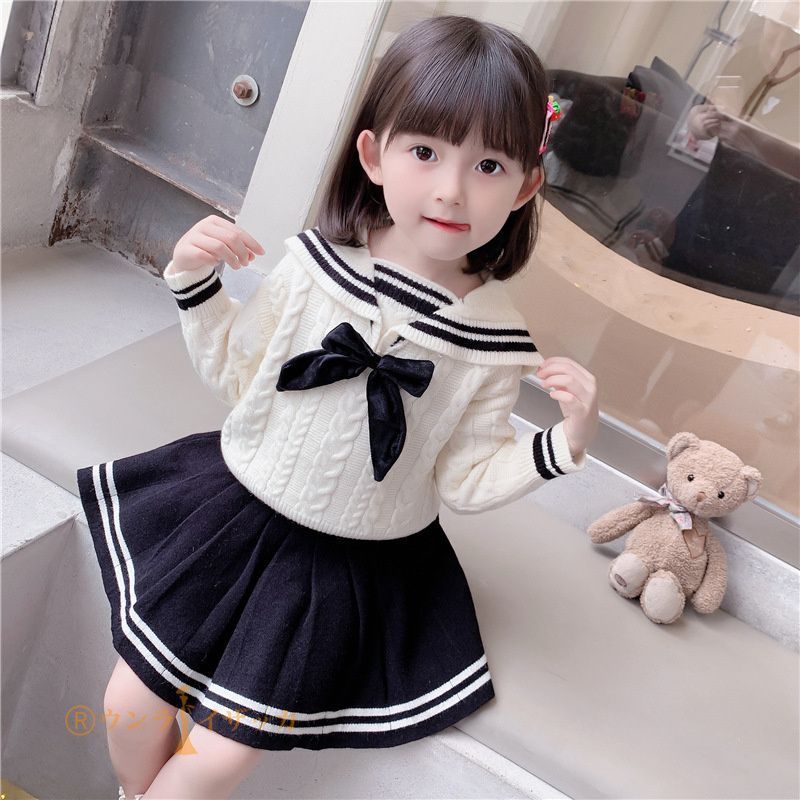 長袖ニットセットアップ 子供服 カジュアル キッズ 女の子 リボン ニット セーター セーラー スカート 春 秋 冬 上下セット 学院風 通学 小学生 卒業式 入学式 d6Yr444