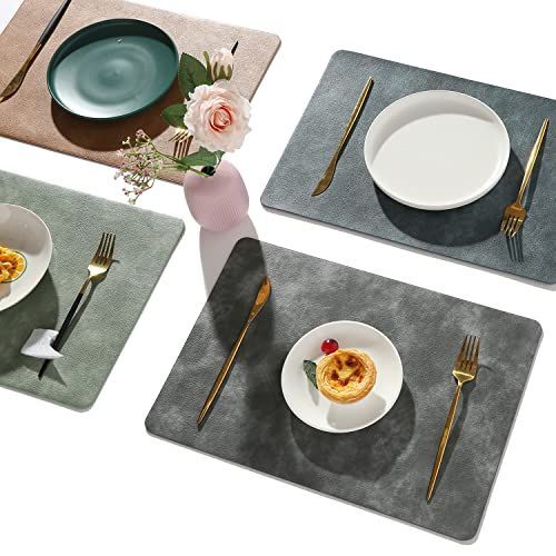 グリーン、オフホワイト、グレー、ブラウン、ブラック、ダークブルー_6 Univo Colors ランチョンマット ６枚セット 高質PUレザー 北欧 撥水 防汚 断熱 滑り止め 丸洗いOK 清潔しやすい 華やか 飾り 家庭用 レストラン用（グリーン+オフホワイト