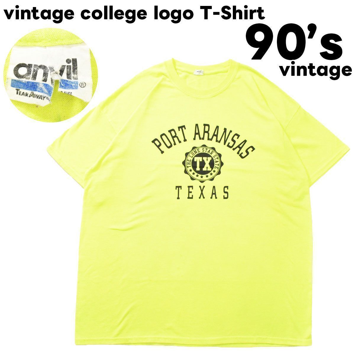 90sヴィンテージ anvil 3段 カレッジロゴ Tシャツ XL ネオンイエロー ...