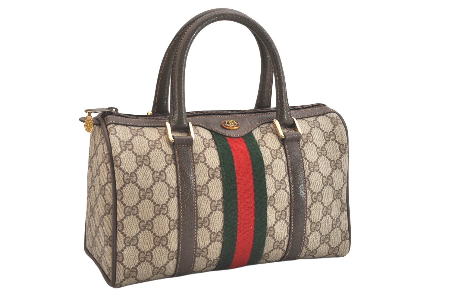 GUCCI グッチ ウェブ シェリーライン ハンドボストンバッグ GGピーブイシー レザー ブラウン 2501N