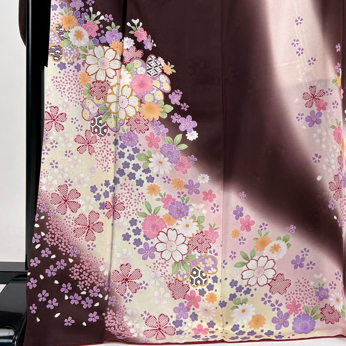 振袖 身丈171cm 裄丈69.5cm L 袷 桜 有職文様 金糸 ぼかし 茶紫 正絹