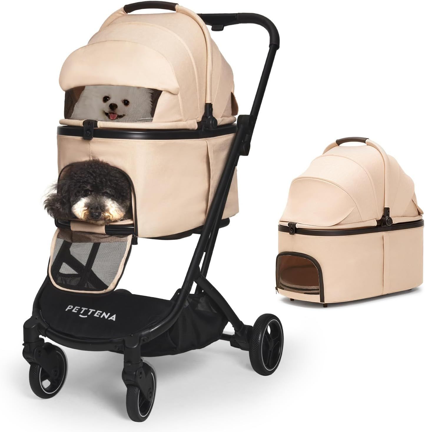 PETTENA 分離型 ペットカート 小型犬 犬カート 耐荷重25kg X-FOLD 技術 キャリーコット付ワンタッチ折り畳み 広い空間 自立 軽量 犬バギー お出かけ用 猫 犬ベビーカー PETTENA ORION ベージュ