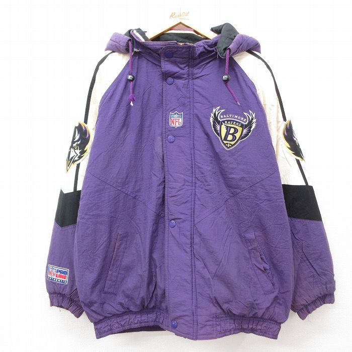 XL/古着 スターター 長袖 ナイロン ジャケット パーカー メンズ 90s NFL ボルティモアレイブンズ ラグラン 大きいサイズ 紫 パープル 内側