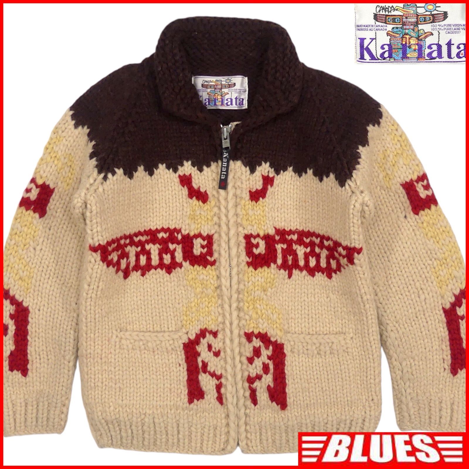 Kanata カウチンセーター ジップアップ 【L】 ニット ボーダー 赤紺 カウチン セーター kanata ニット L カナダ製 カナタ ウール 赤