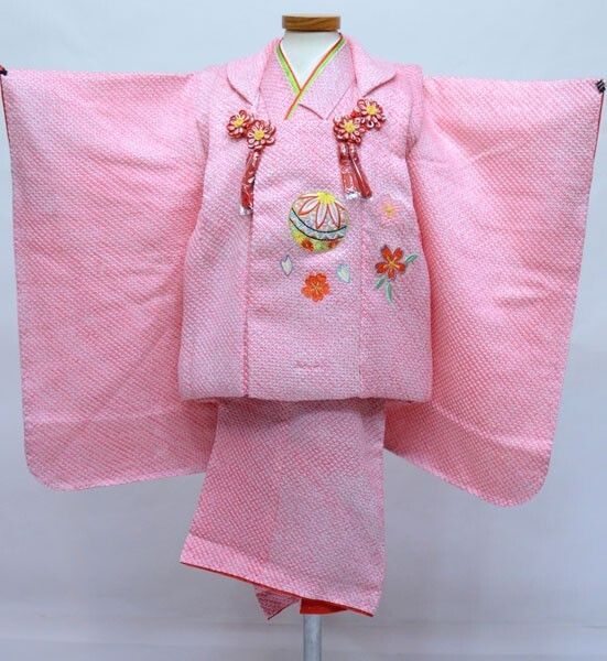 七五三 三歳 女児 正絹 総絞り 被布着物セット ピンク 夢想 3歳 3才 三才 女の子 お仕立て無料 NO32348