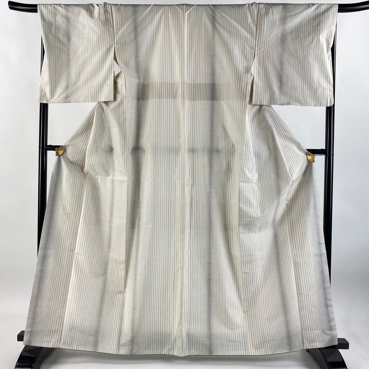 紬 身丈164cm 裄丈68.5cm L 袷 縦縞 クリーム 正絹 秀品