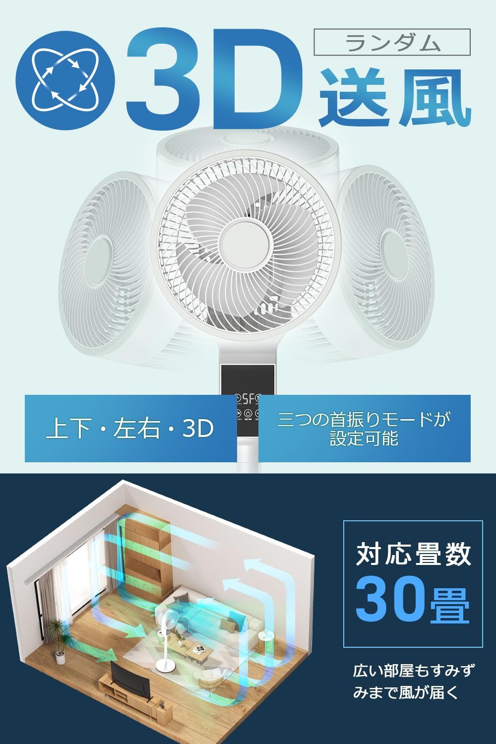 【上下左右自動首振り】AIモード マイナスイオン 扇風機 30畳 静音 アロマ 上下左右自動首振り】AIモード マイナスイオン 扇風機 30畳 静音