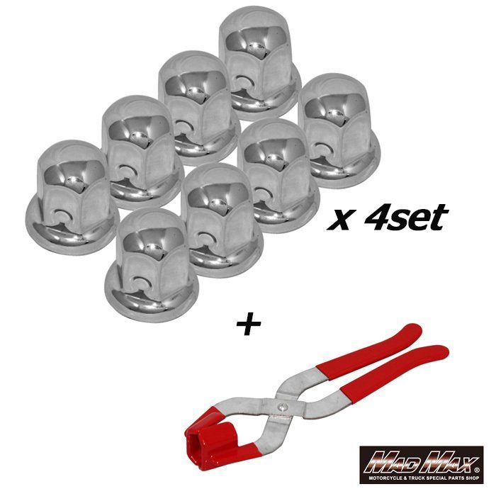 セット ISO33mm ステンレス製ナットキャップ フロント リア兼用 高さ50mm デコキャップ 32個セット シルバー-ナットキャッププライヤー シルバー1個