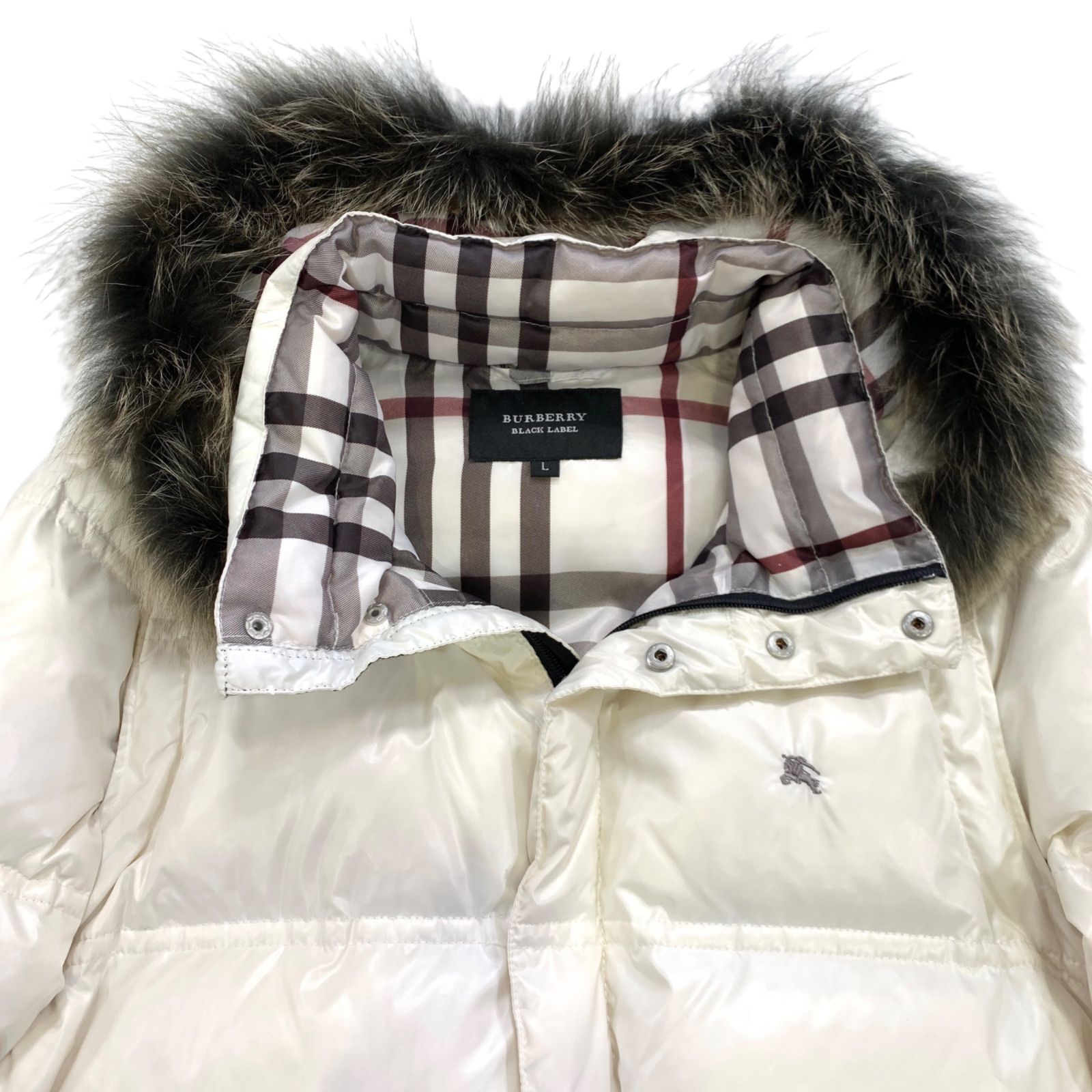バーバリーブラックレーベル ホワイト系 マルチカラー ダウンジャケット Lサイズ ♪011208 バーバリーブラックレーベル ダウンジャケット フォックス