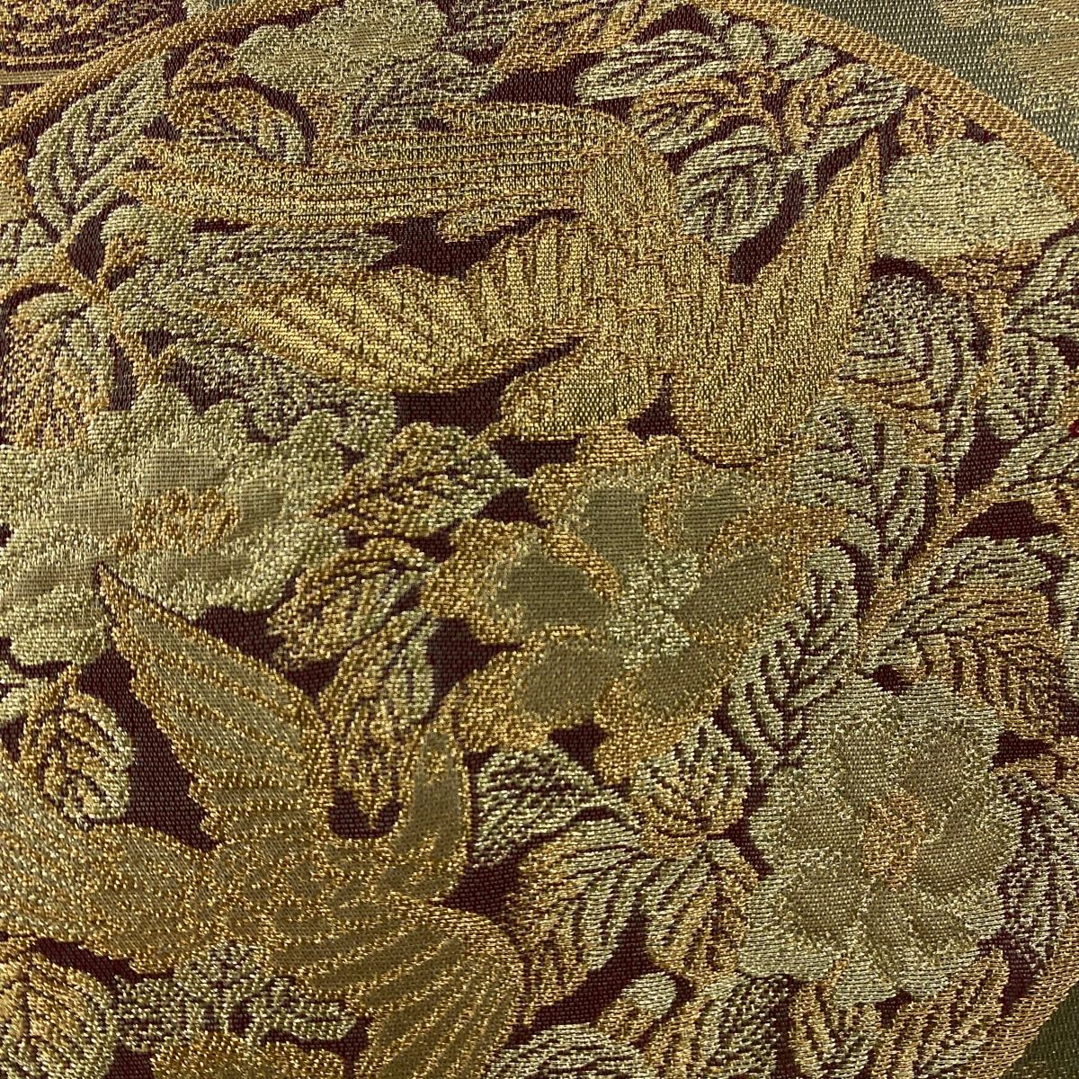 袋帯 秀品 本金箔蒔絵 花鳥 波 金糸 箔 鶯色 六通 正絹