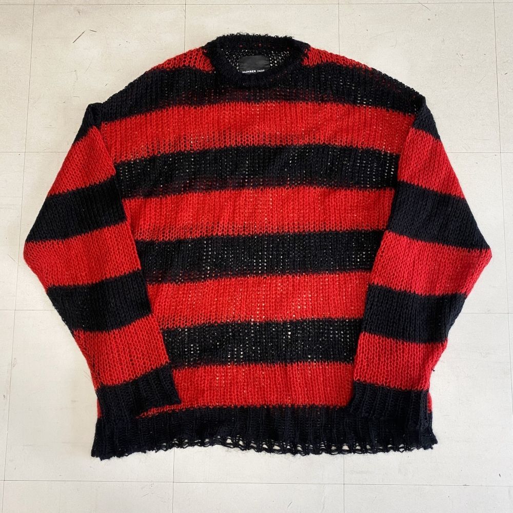 NUMBER N INE ナンバーナイン 24AW MOHAIR MESH WIDE STRIPED KNIT PULLOVER モヘヤボーダーニット ブラック×レッド size4 中目黒R04