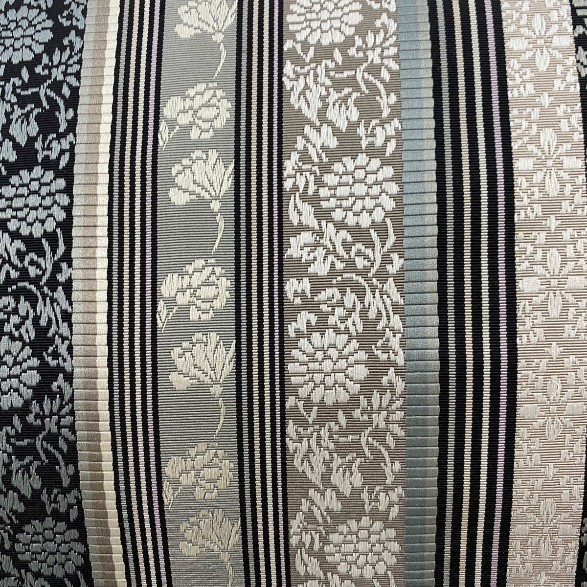 袋帯 リバーシブル 草花 縞 青灰色 全通 正絹