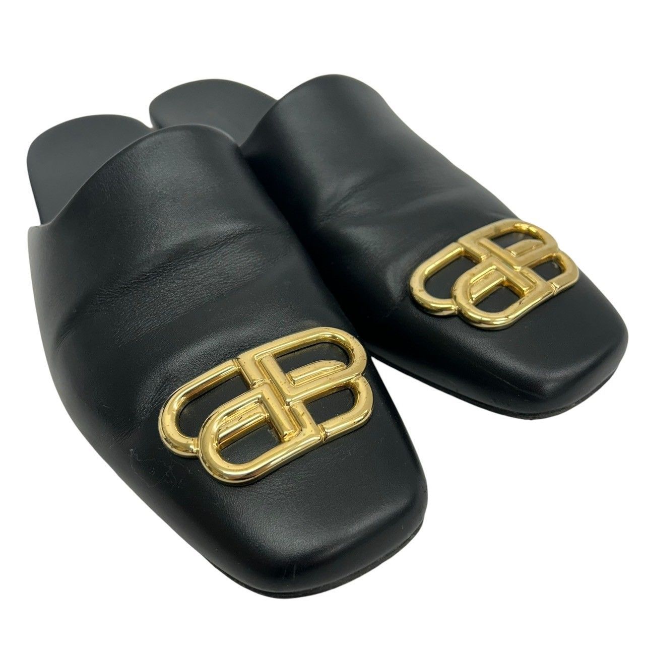 バレンシアガ BALENCIAGA COSY BB SANDAL ミュール サンダル フラット ロゴ ゴールド金具 スクエアトゥ レザー 39 26cm 黒 ブラック 590659