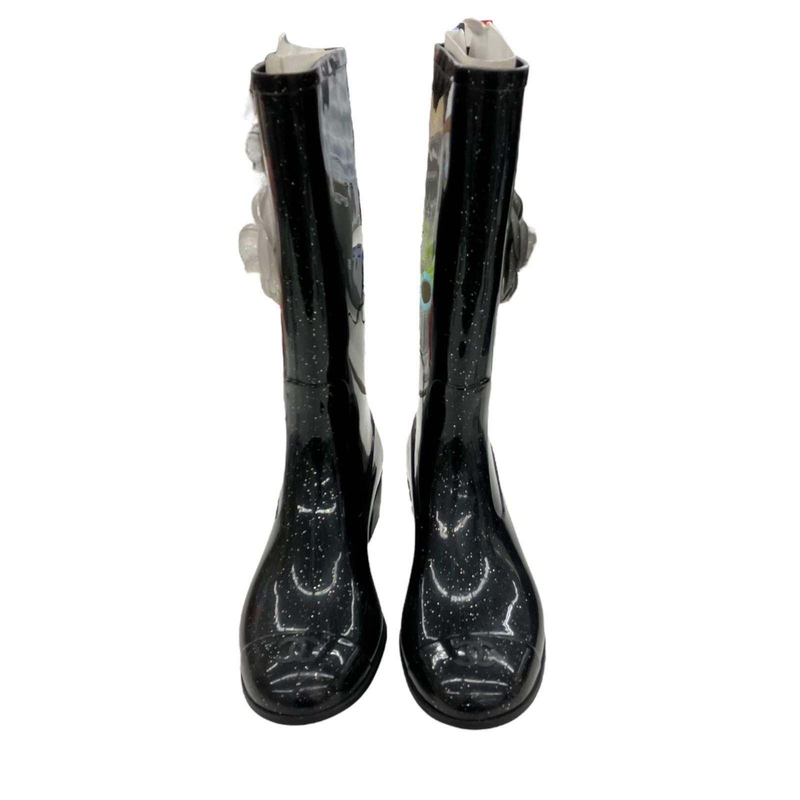 【即納！】186005　収納ケース付き☆　現状品　CHANEL シャネル　レインブーツ　レディース　36サイズ　ブラック　カメリア　ココマーク　ラメ入り 水に強い