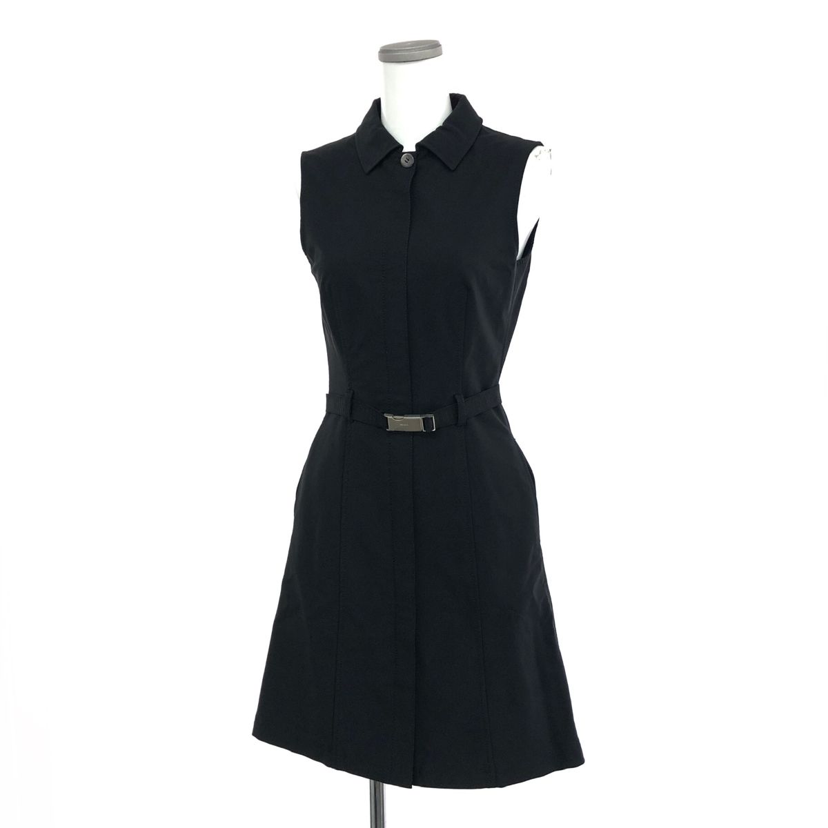PRADA ノースリーブワンピース　ブラック40 PRADA プラダ ノースリーブ センタージップ ベルト付ワンピース