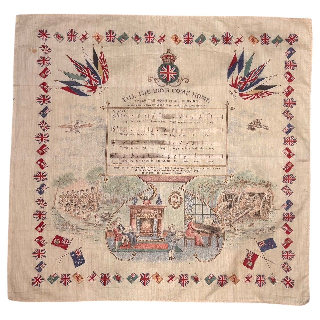 VINTAGE ヴィンテージ 1910 s WW1 Allied Wars Printed Bandana 第一次世界大戦 プリント バンダナ ベージュ 1910年代 アンティーク TILL THE BOYS HOME
