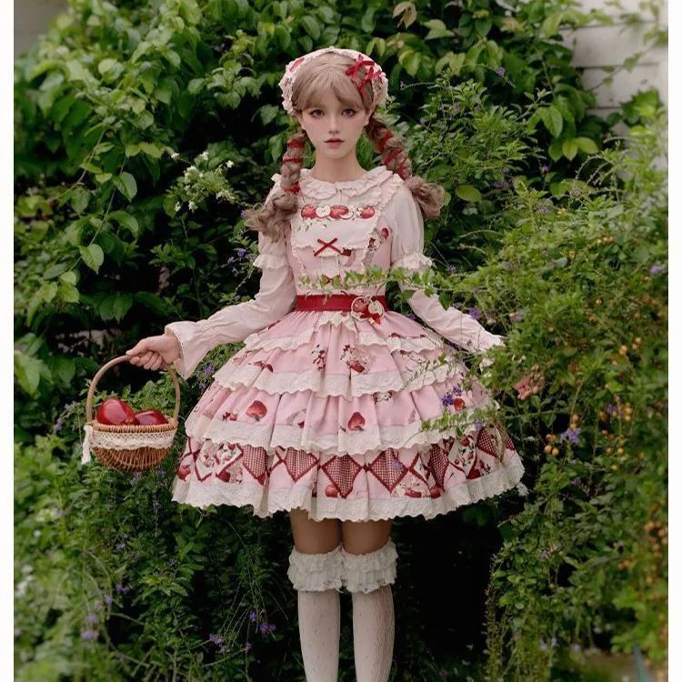 ♥ 重工刺繍プリント リンゴ園テーマ ロリータスカート＆トップスセット 大フ デザイン 秋用 双子コーデ対応 上品で可愛い 高品質 撮影用ドレス 推し活 パーティー衣装 仮装 イベント用 おしゃれで人気 プレゼントにも最適