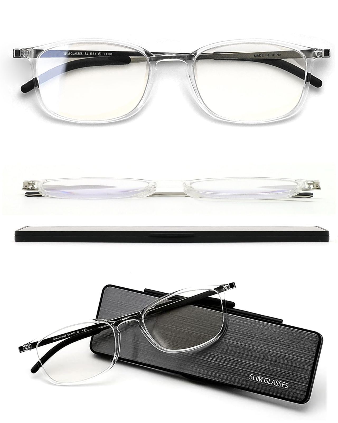 クリア_度数 3.00 スリムグラス 老眼鏡 おしゃれ メンズ ブルーライトカット 超薄型 コンパクト 度数 3.0 SL-R51