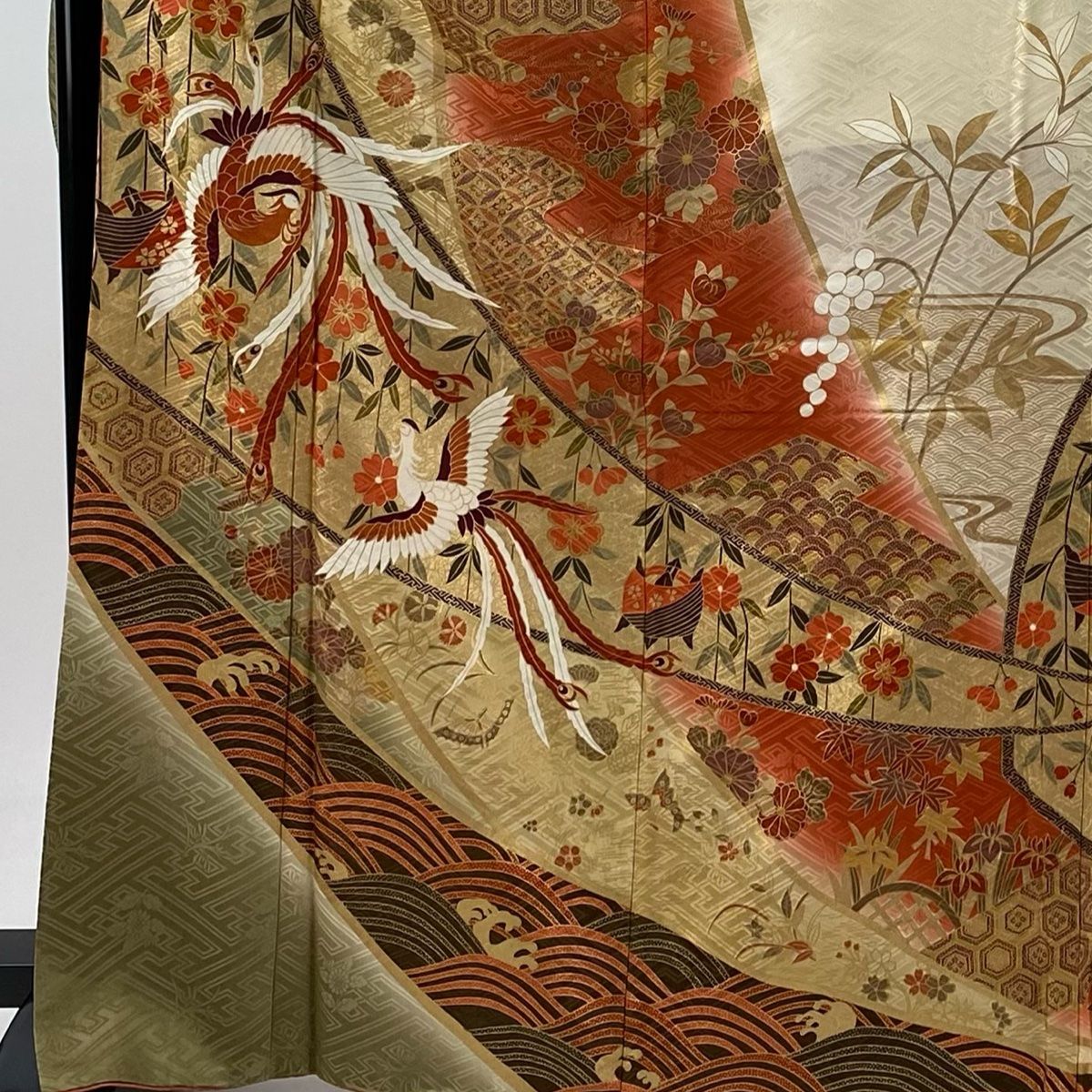振袖 身丈168.5cm 裄丈67cm M 袷 鳳凰 枝垂れ桜 金彩 ぼかし オレンジ 正絹 秀品
