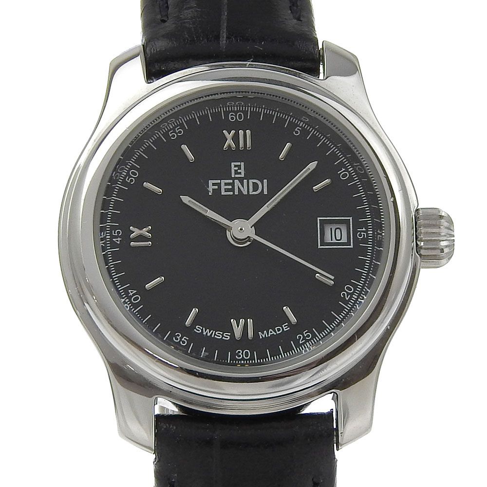 FENDI フェンディ ブラックダイアル デイト 210L ステンレススチール×クロコダイル クオーツ アナログ表示 レディース 黒文字盤 腕時計