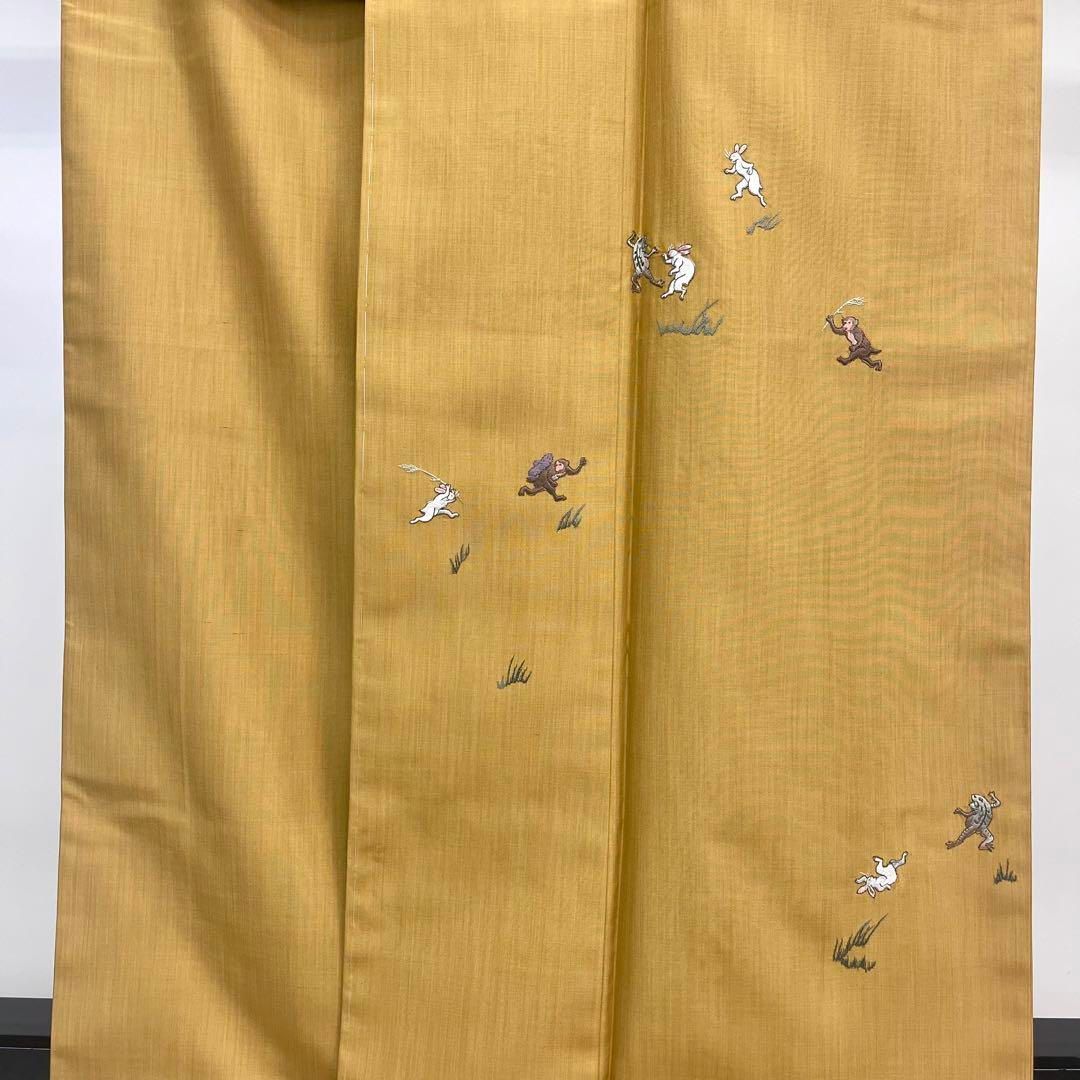 付下げ 鳥獣戯画 刺繍 紬 楊梅色 ガード加工 トールサイズ K-4058