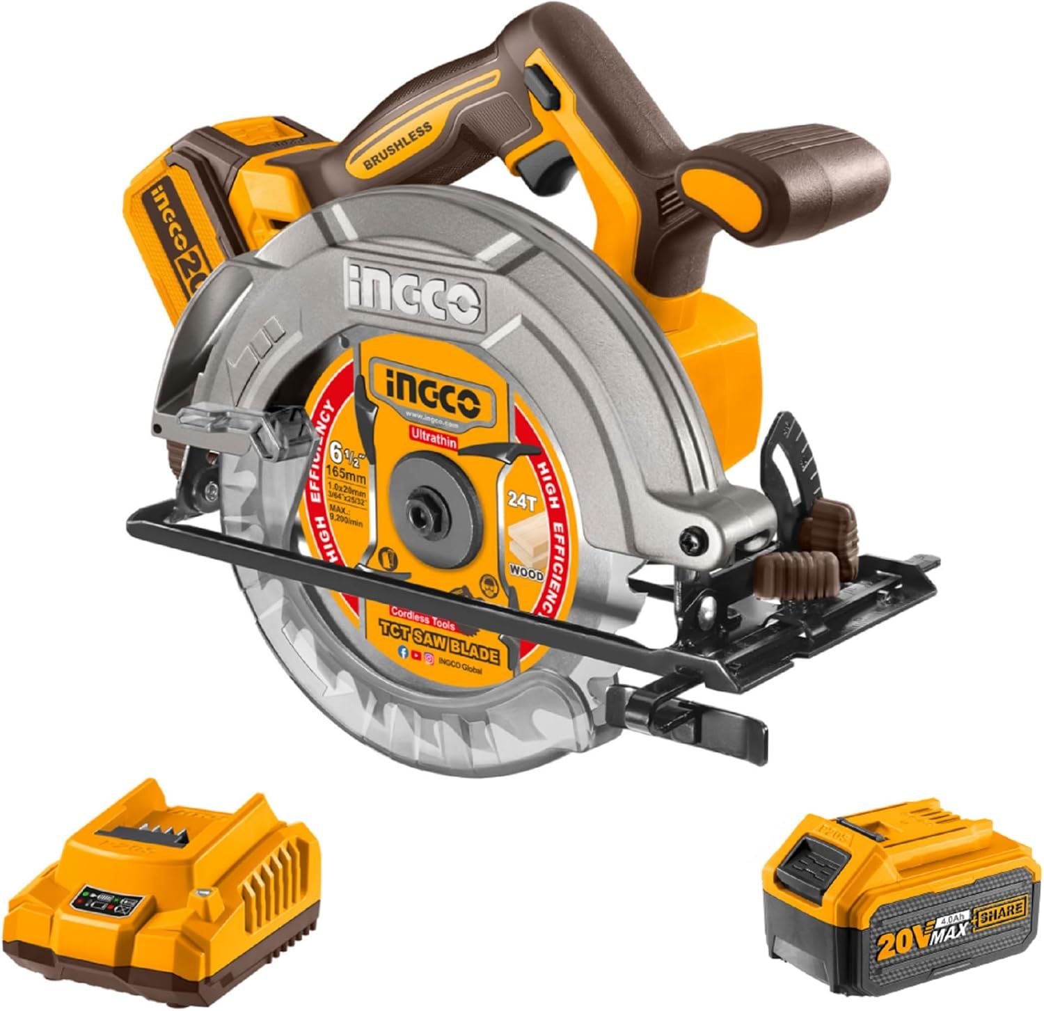 INGCO 20V コードレス丸鋸 165mm ブラシレスモーター 5200RPM 切断深さ55mm (90) 1個の4.0Ahバッテリーと1個の充電器付き CSLI16521