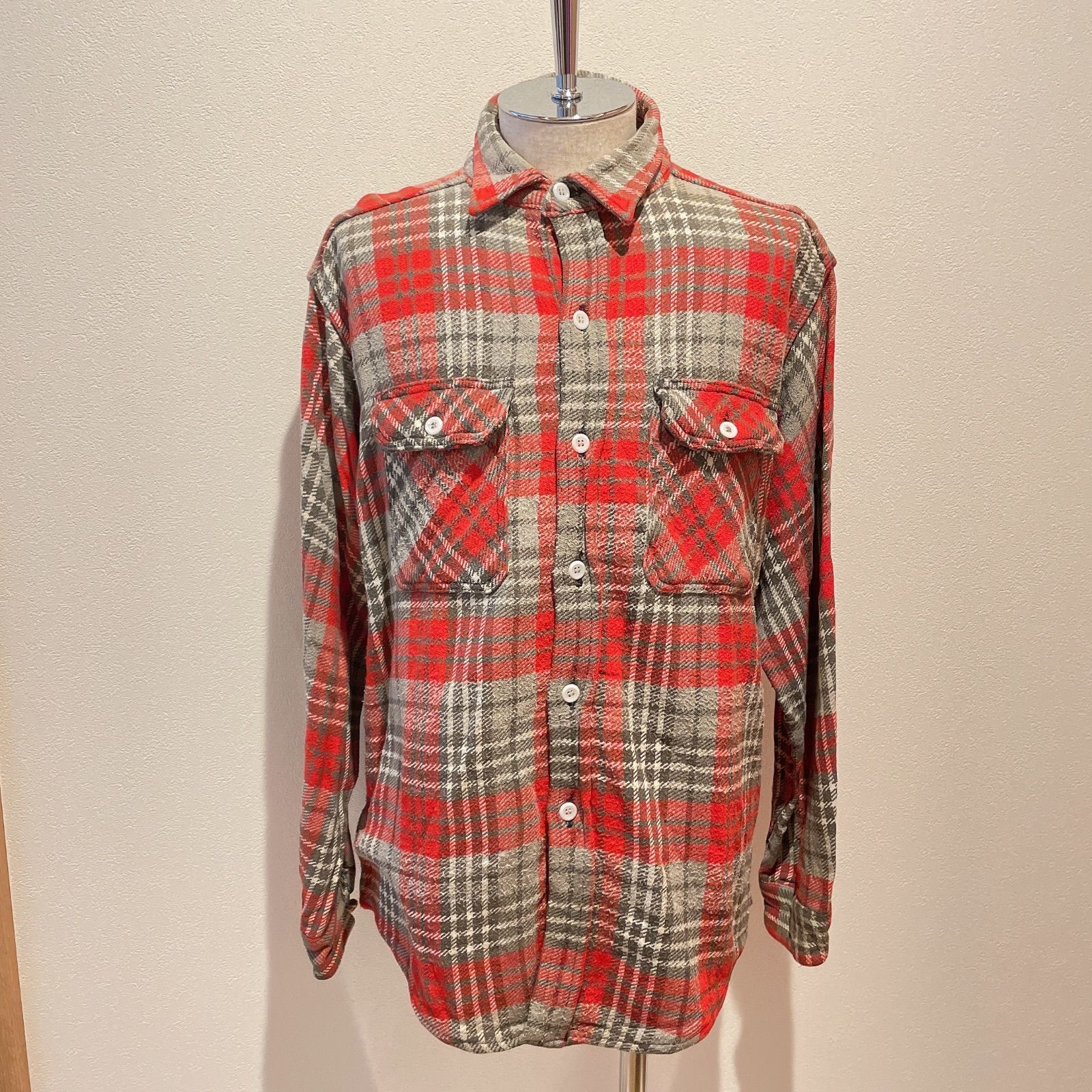 【King Kole】70's 古着 RED チェック WORK SHIRT 60's King Kole キングコール フランネルチェックシャツ レッド