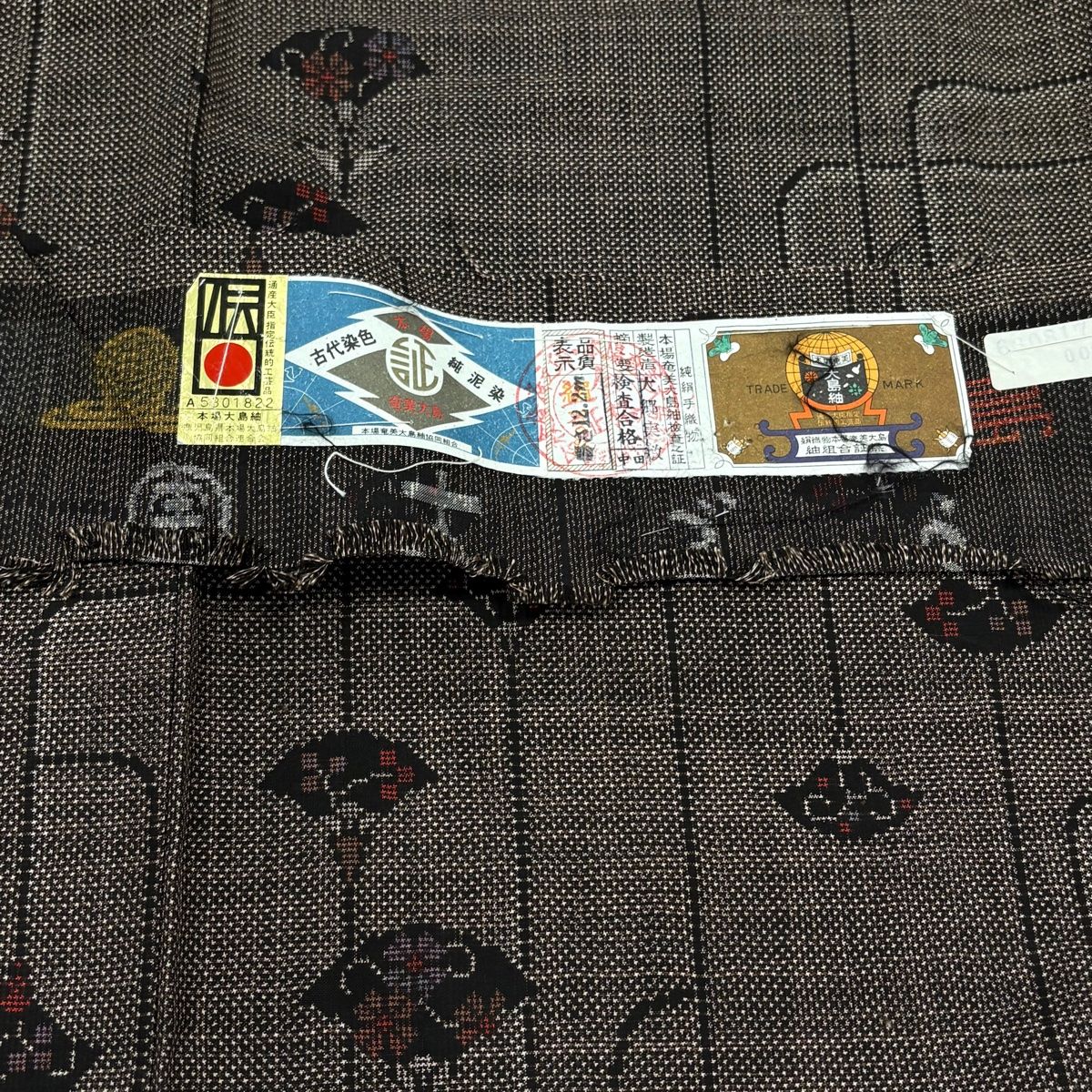 大島紬 身丈165.5cm 裄丈66.5cm M 袷 純泥染 証紙あり 建物 人物 茶色 正絹 美品 名品 中古 大島紬 身丈165.5cm 裄丈66.5cm M 袷 純泥染 証紙あり 花