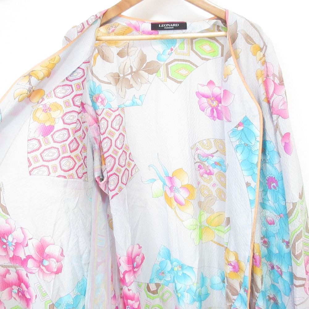 美品 LEONARD FASHION レオナール フラワープリント Vネック シルク シアーカーディガン サイズ42 ライトブルー レディース 古着 中古 美品 LEONARD FASHION レオナール フラワープリント Vネック