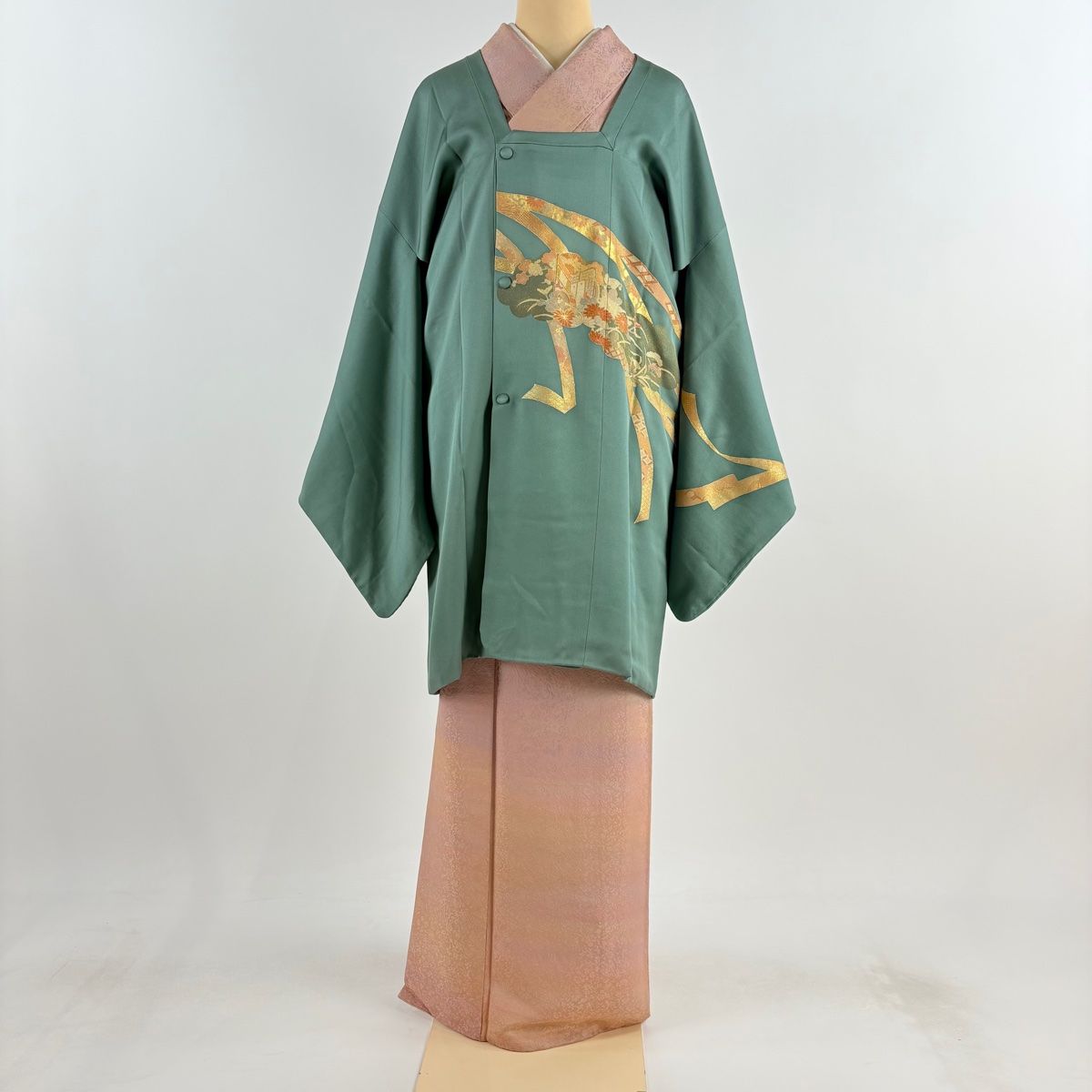 道行 身丈91cm 裄丈68cm L 和装コート 角衿 雲文 御所車 金彩 灰緑 正絹 秀品