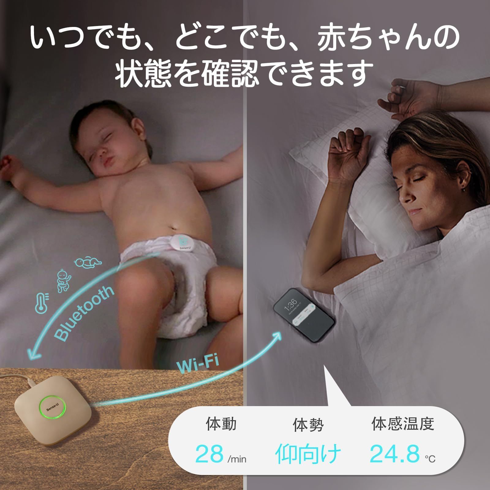 Sense-U ベビーモニター3 ベビーセンサー どこにいても赤ちゃんの体動、寝姿勢、周囲温度をモニタリング スマホ連動 乳児用体動センサ 新生児  出産祝い - メルカリ