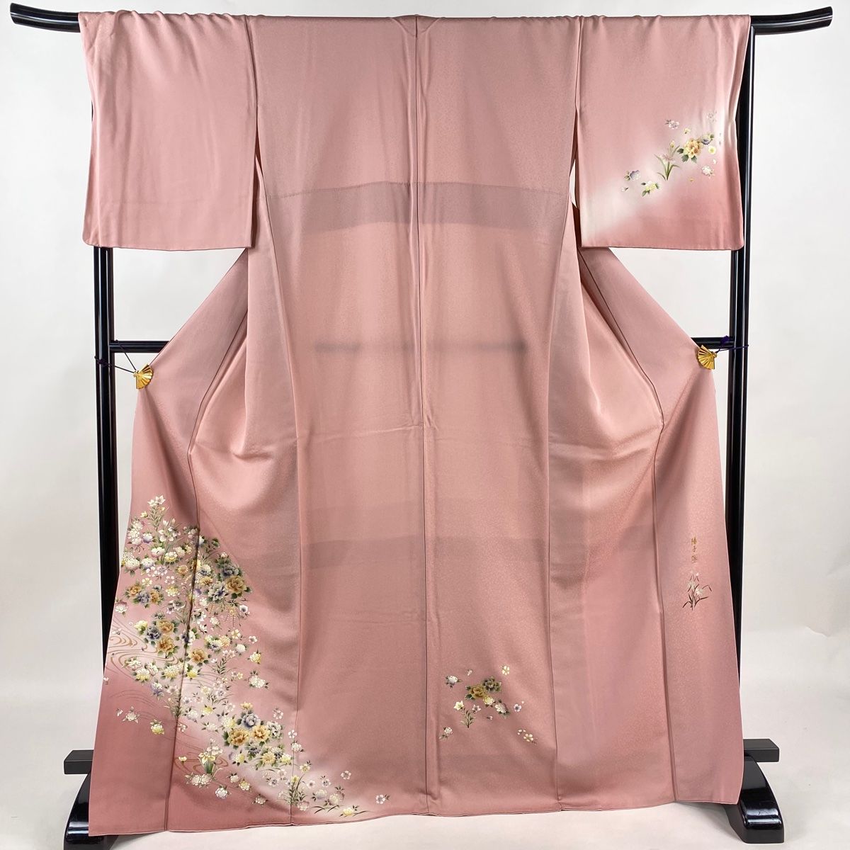 付下げ 身丈170cm 裄丈69cm L 袷 落款 草花 流水 金銀彩 ぼかし ピンク 正絹 秀品