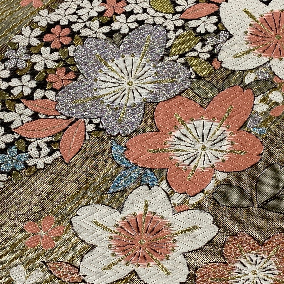 袋帯 美品 秀品 幾何学模様 箔 茶色 全通 正絹 【中古】