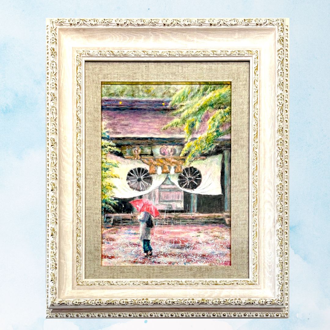 風景画/神社の風景「雨の大社にて」油彩画/SM/額付き 福家佳則作品